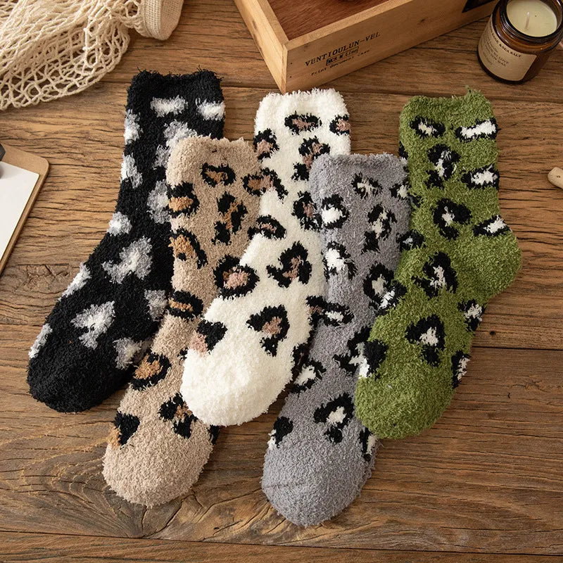 Fuzzy Leopard Print Plush Socks