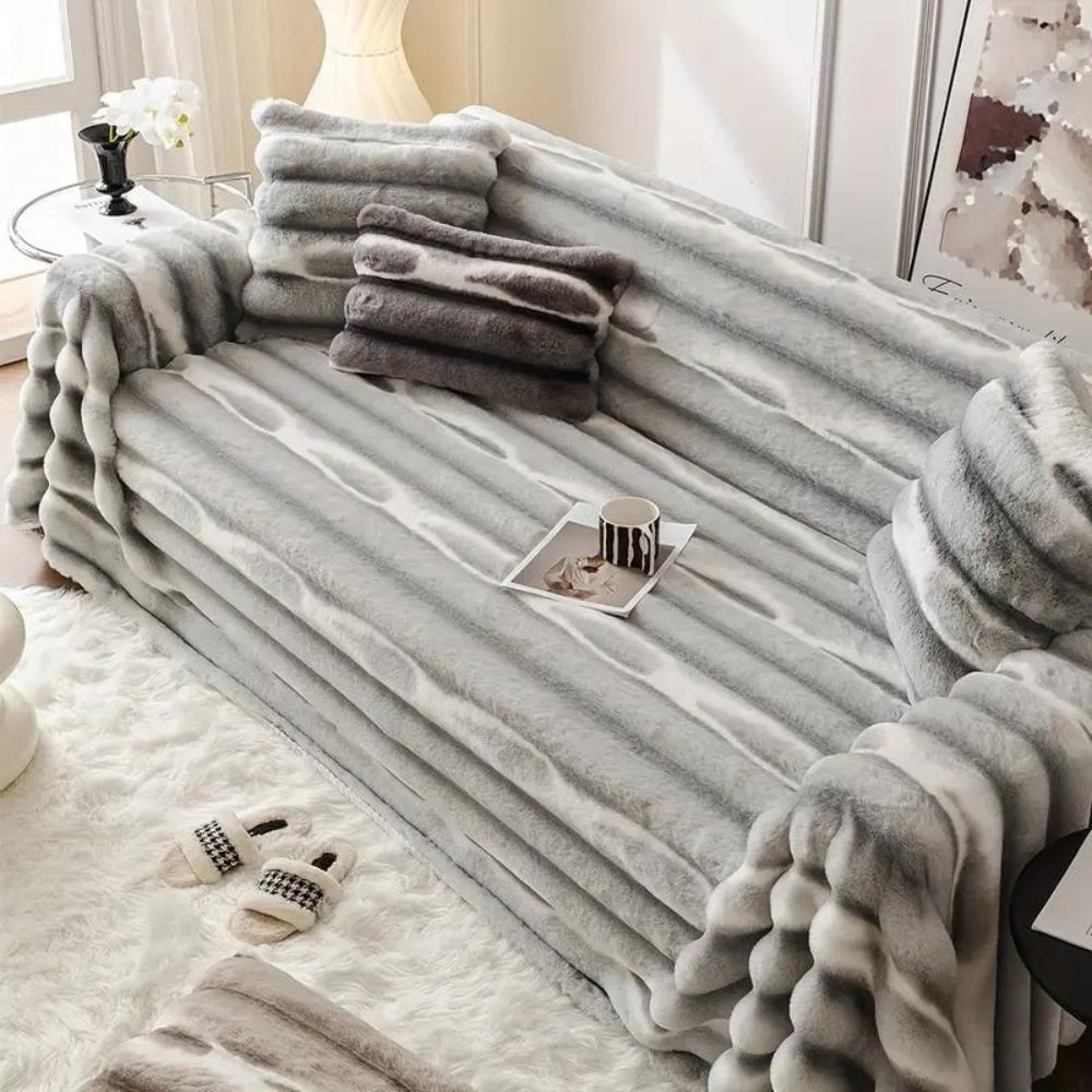 Velvet Faux Fur Sofa Cover Light Gray