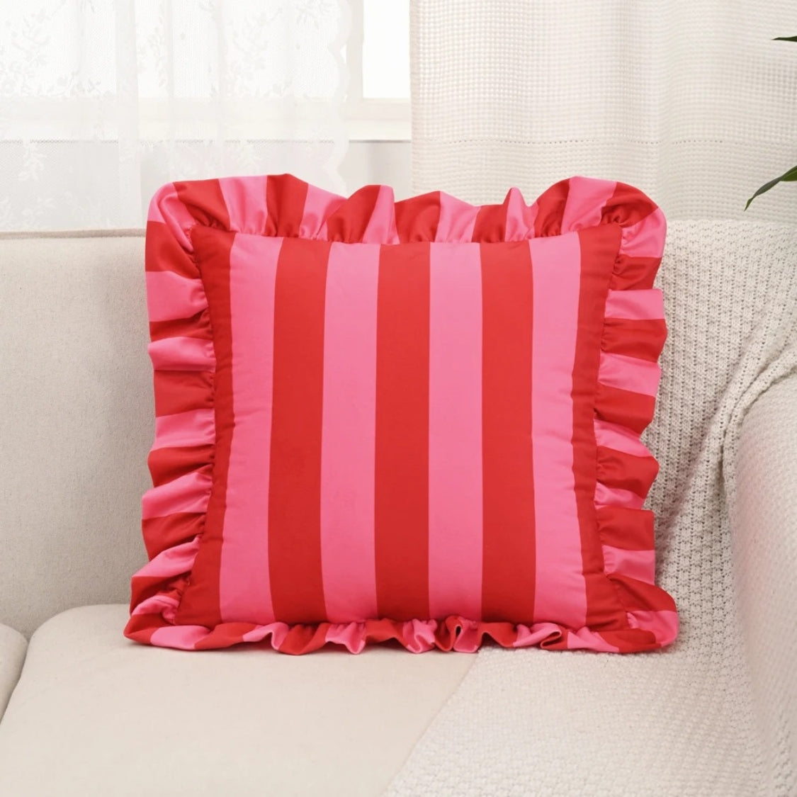 Retro Striped Ruffle Cushion Cover Berry Stripe