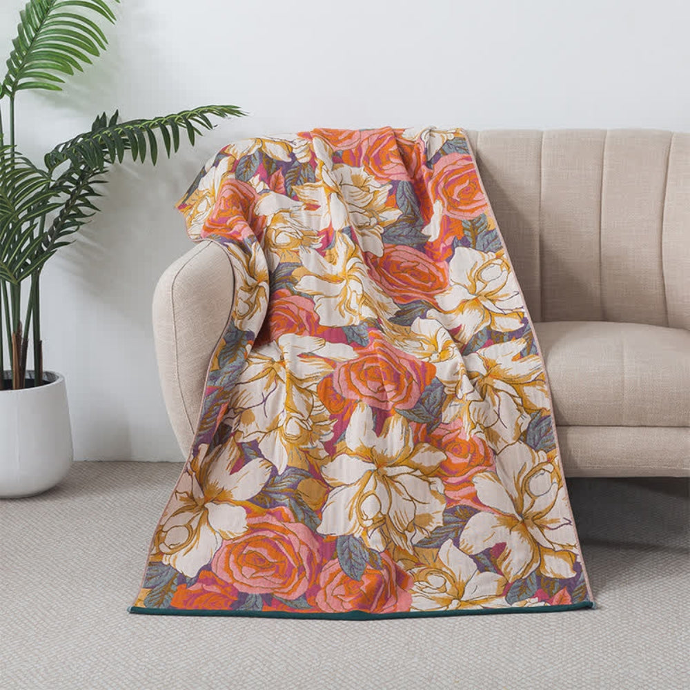 Vintage Rose Cotton Bath Towel Coral Orange 31"x63"