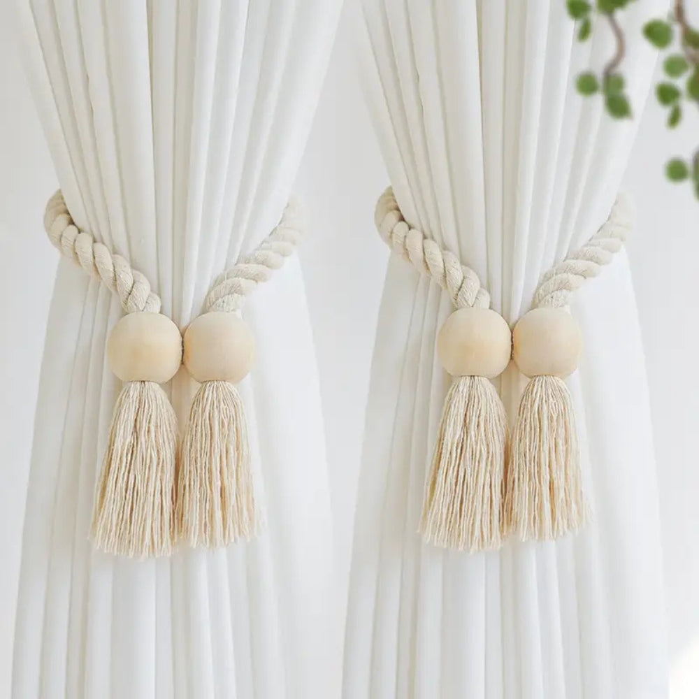 Wooden Bead Tassel Curtain Tie Back | 2Pcs Set Pearl Knot