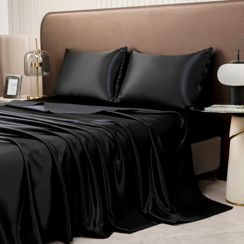 Luxury Satin Sheets - Silky Bedding Set with Pillowcases Black
