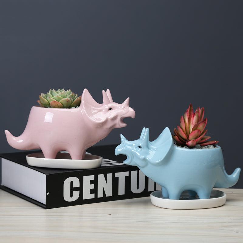 Adorable Dino Succulent Planter Pot with Drainage Tray Pink+Blue Set