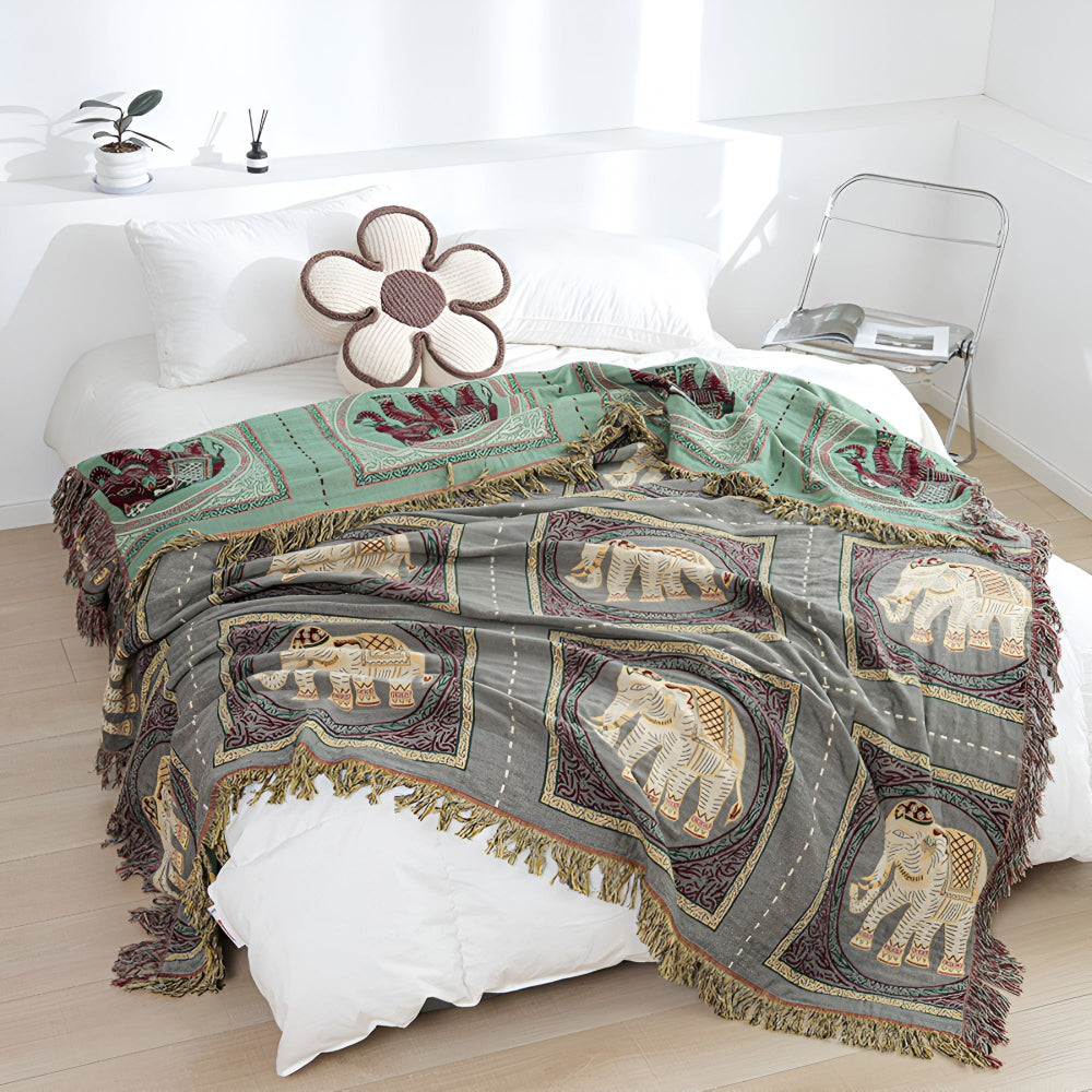 Bohemian Elephant Print Tassel Blanket Dark Gray