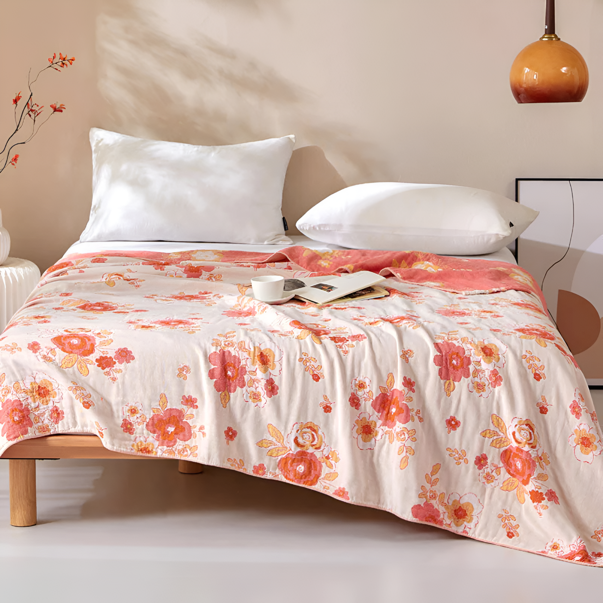 Blush Cotton Gauze Floral Blanket Beige & Pink