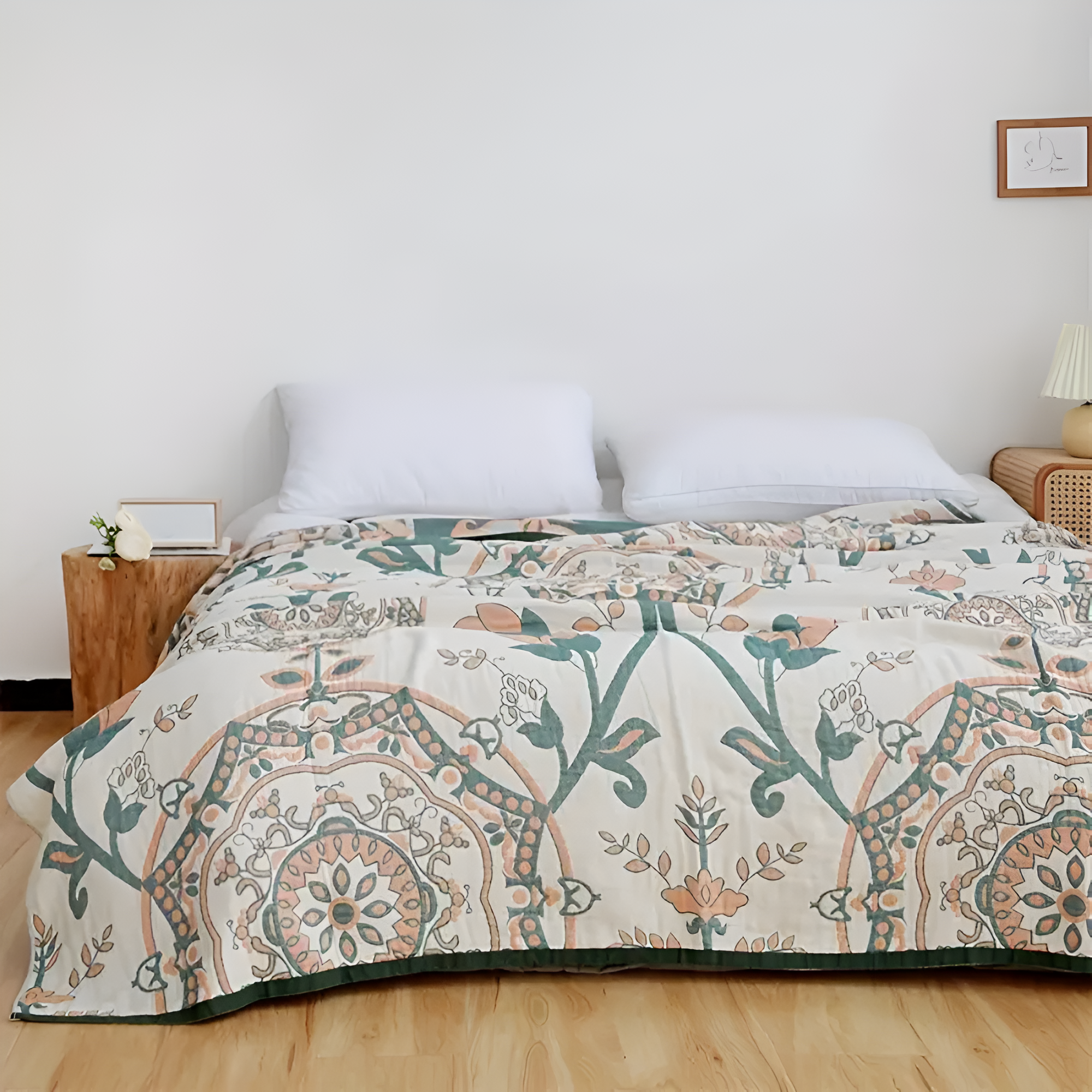 Floral Pattern Cotton Blanket Green