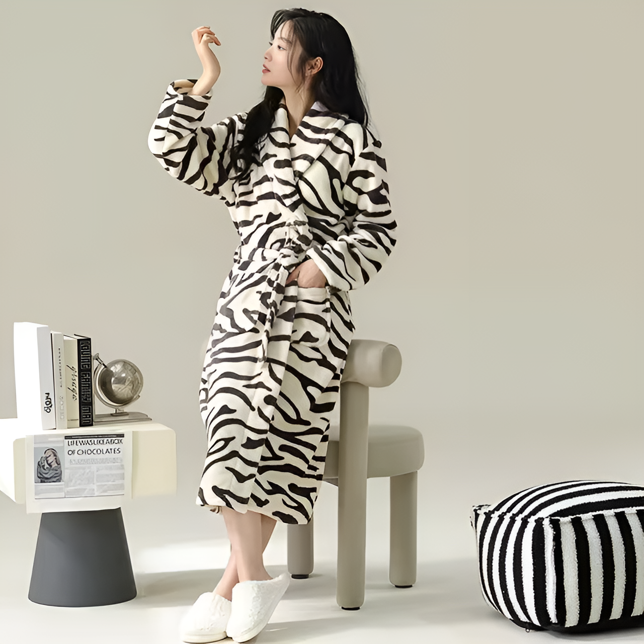 Fleece Haven Bathrobe Black and White Stripes One Size