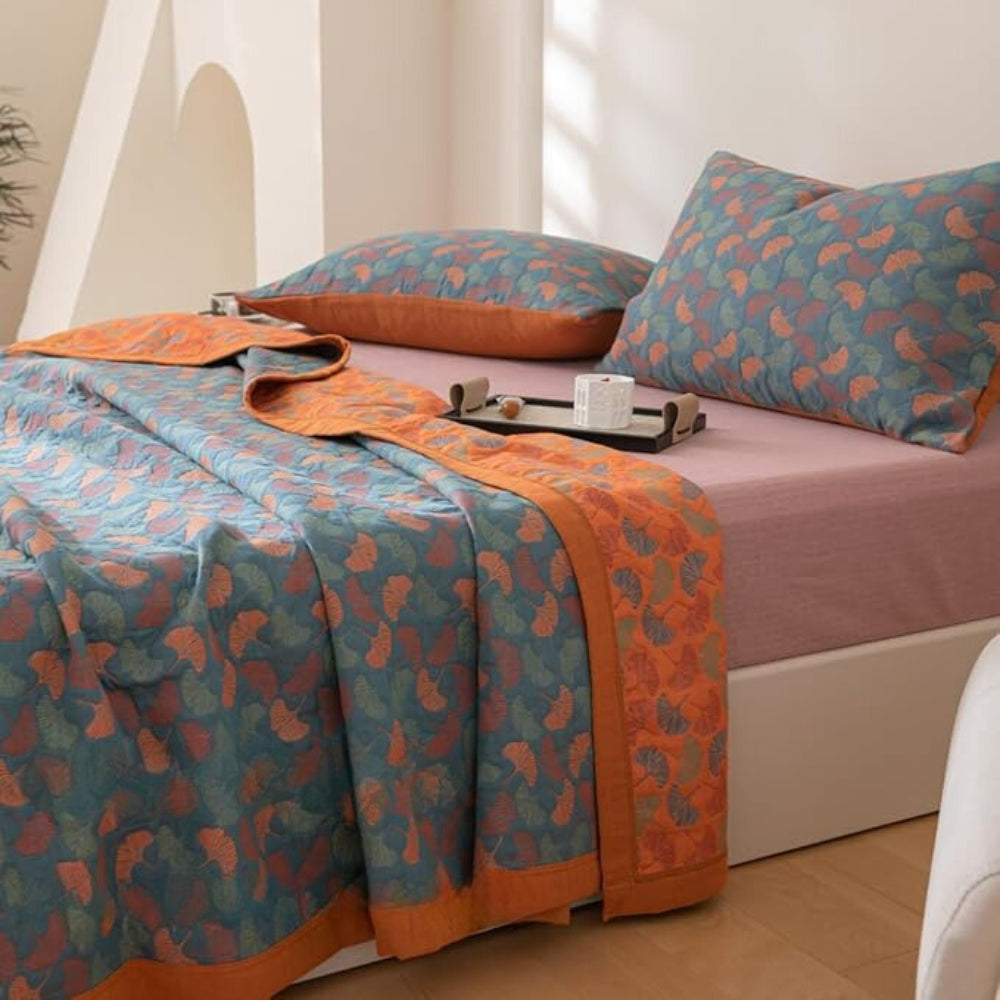 Ginkgo Leaf Print Reversible Blanket Blanket with 2PCS Pillowcases