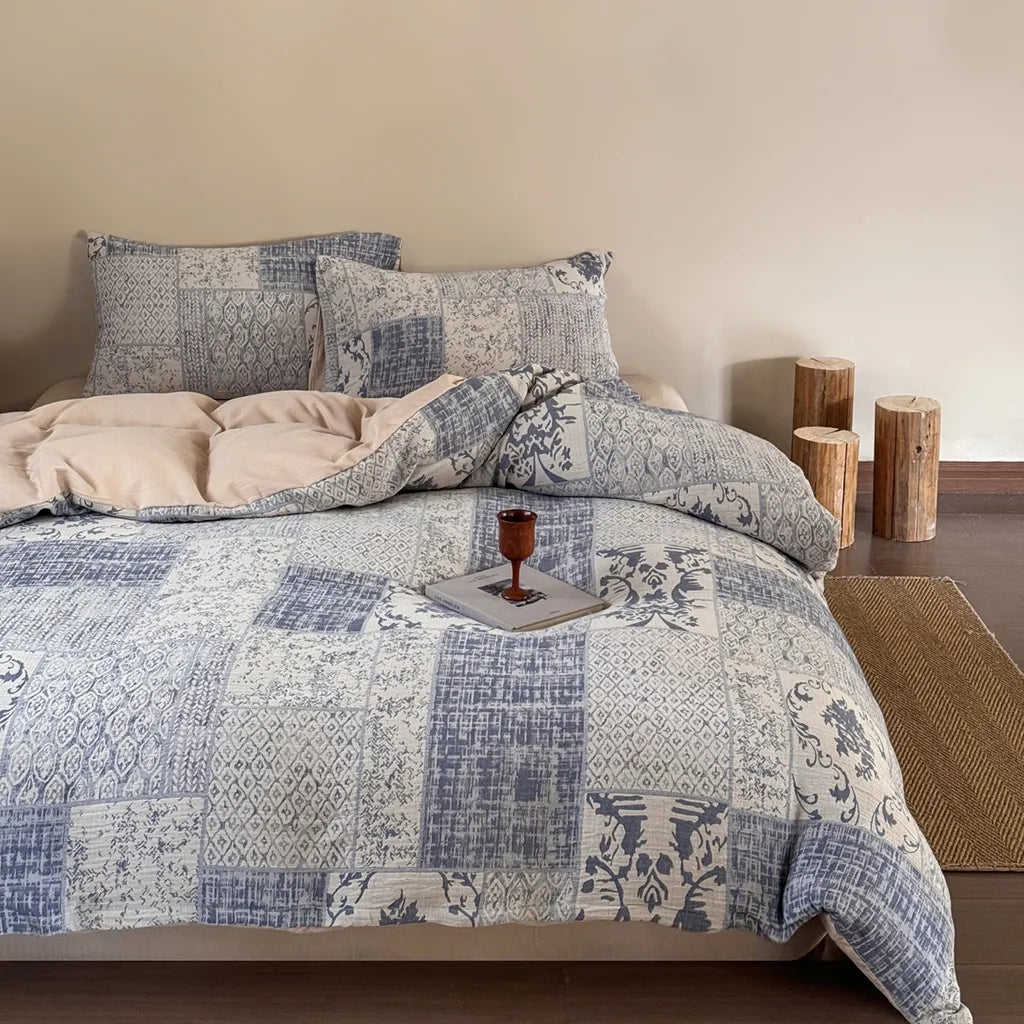 Vintage Patchwork Style Cotton Jacquard Duvet Cover Navy