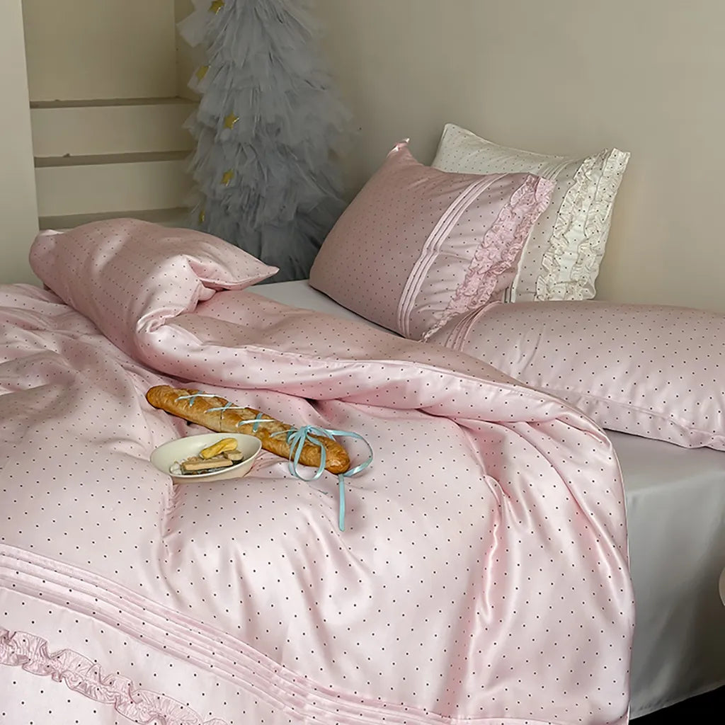Mini Polka Dot Bedding Set With Ruffle Soft Pink
