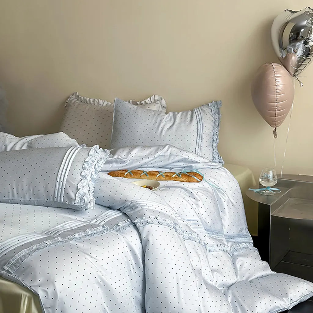 Mini Polka Dot Bedding Set With Ruffle Blue
