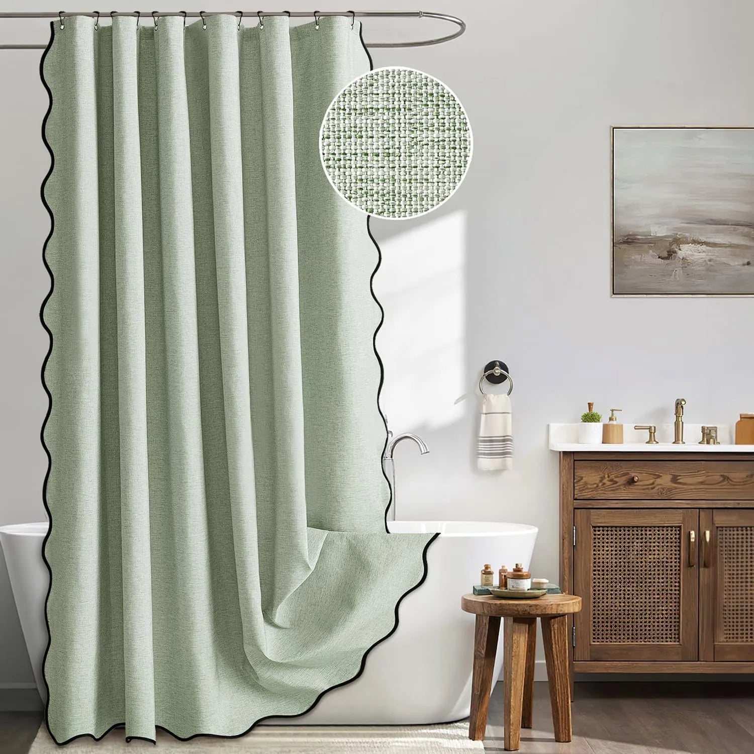 Scalloped Linen Bathroom Shower Curtain Green