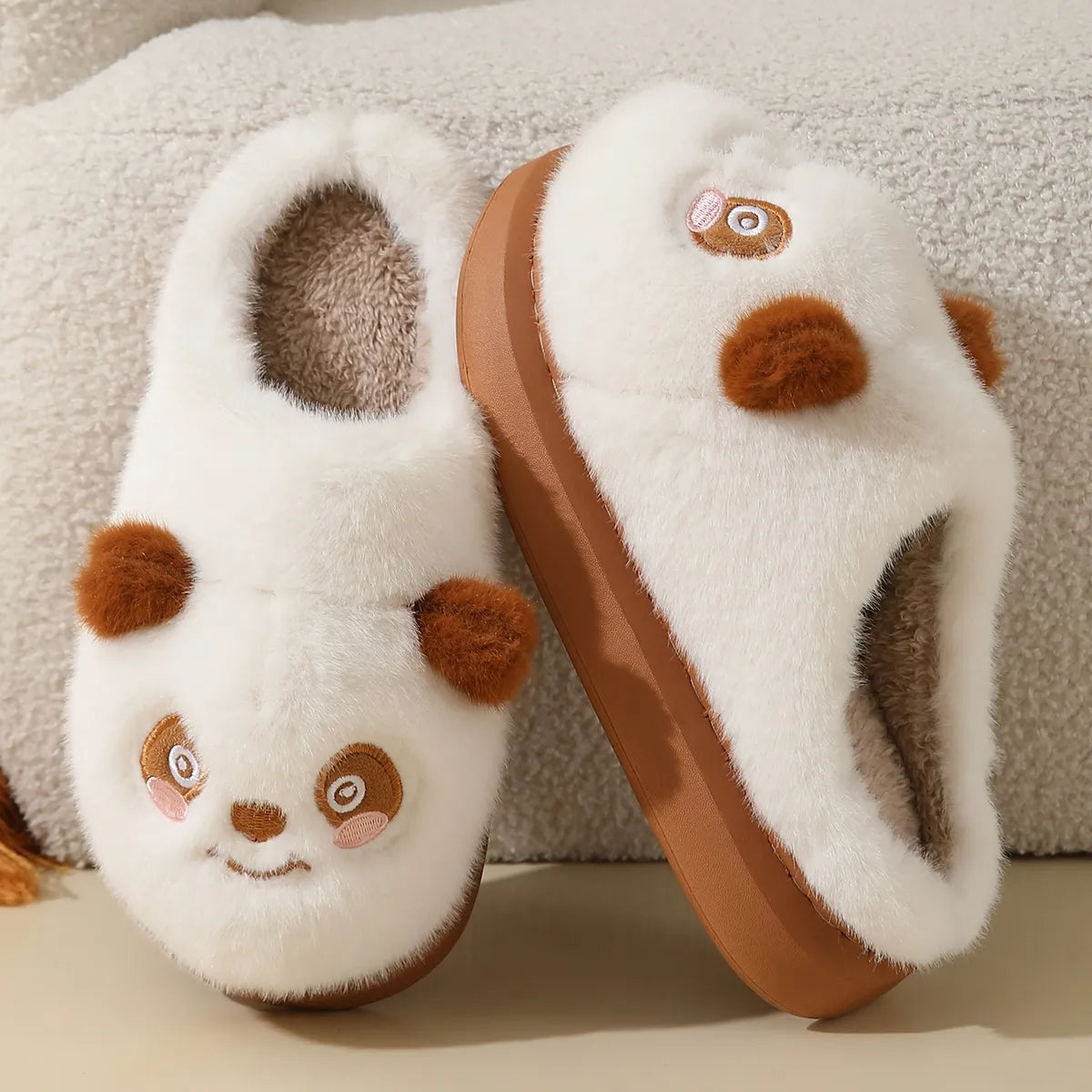 Women's Cozy Panda Plush Slippers Brown & White