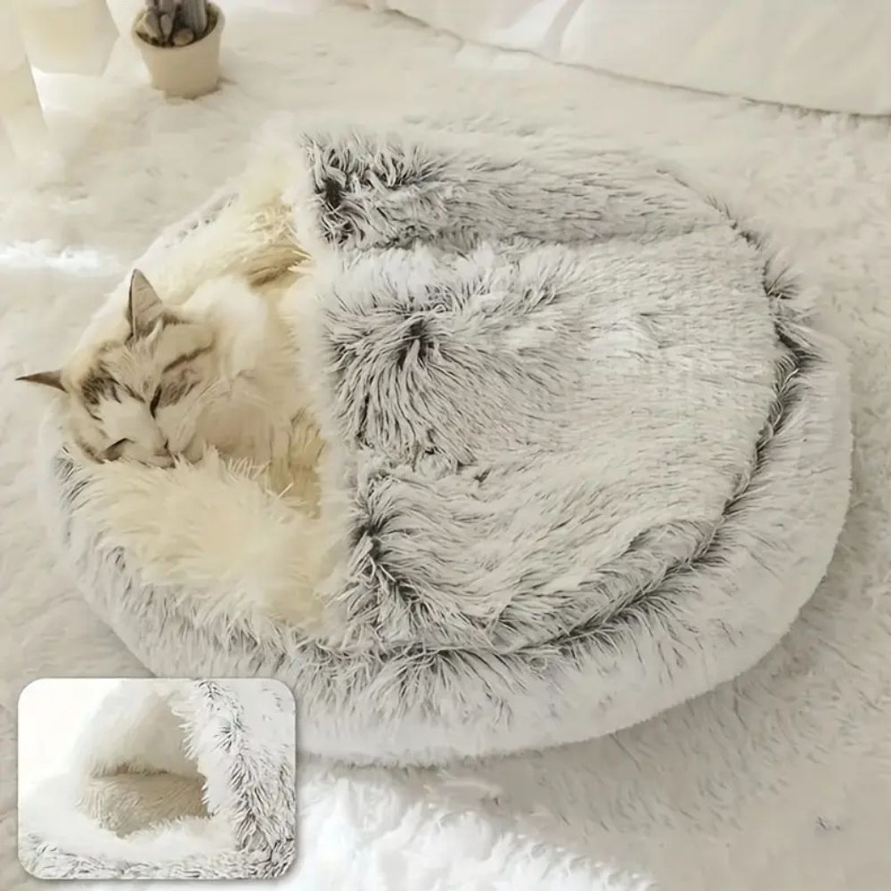 Round Hooded Faux Fur Pet Bed Frosted Ash