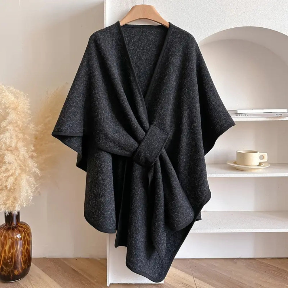 Luxurious Poncho Windproof Shawl Coat Black