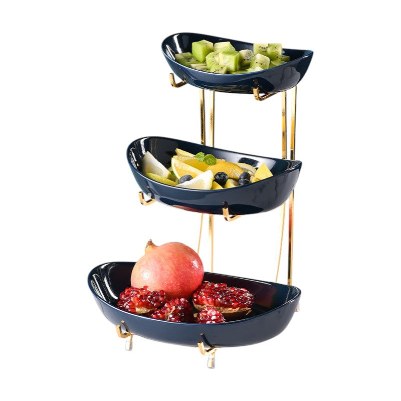 Ceramic Serving Bowls with Metal Stand Blue 3-Tier