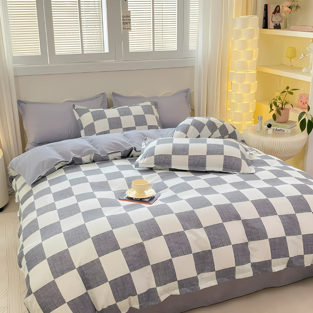 Chateau Checkered Bedding Set | 3pcs Set White and Grey