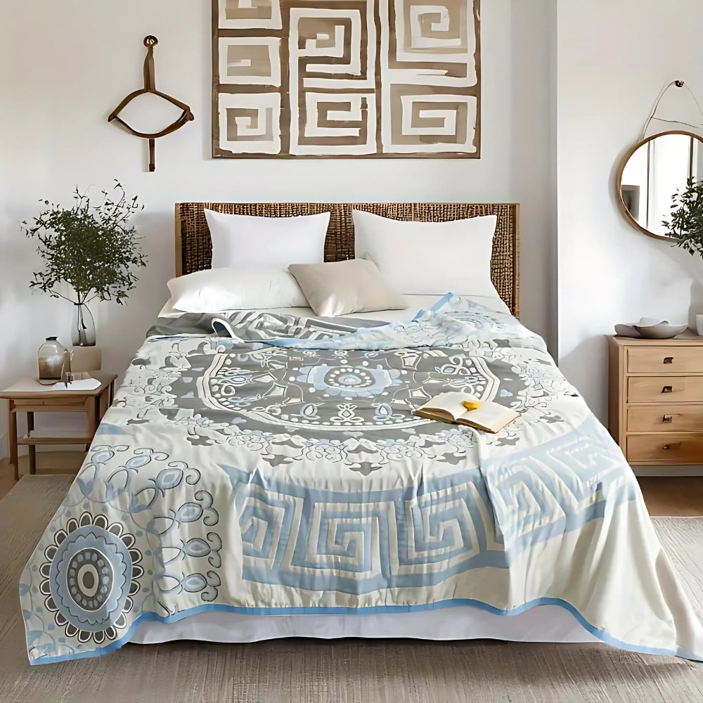 Santorini Mandala Cotton Blanket Ocean Breeze