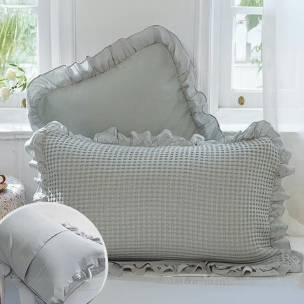 Waffle Weave Cotton Pillowcases with Ruffle (2PCS) Gray Blue 23"x31"