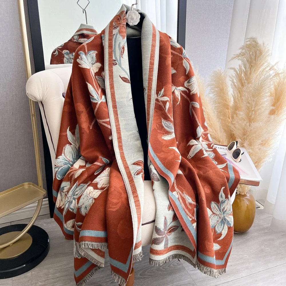 Elegant Double-Sided Floral Winter Shawl Scarf Rust Flora