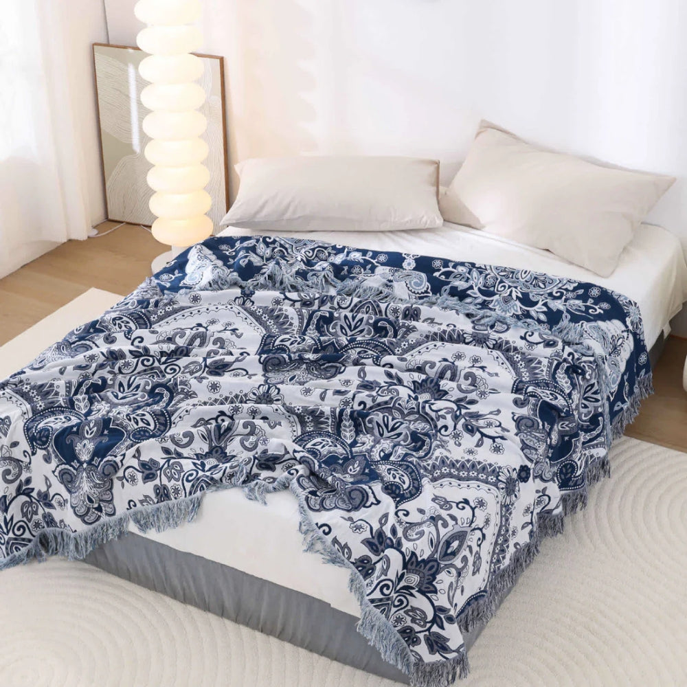Paisley Dream Cotton Tassel Blanket Navy Blue