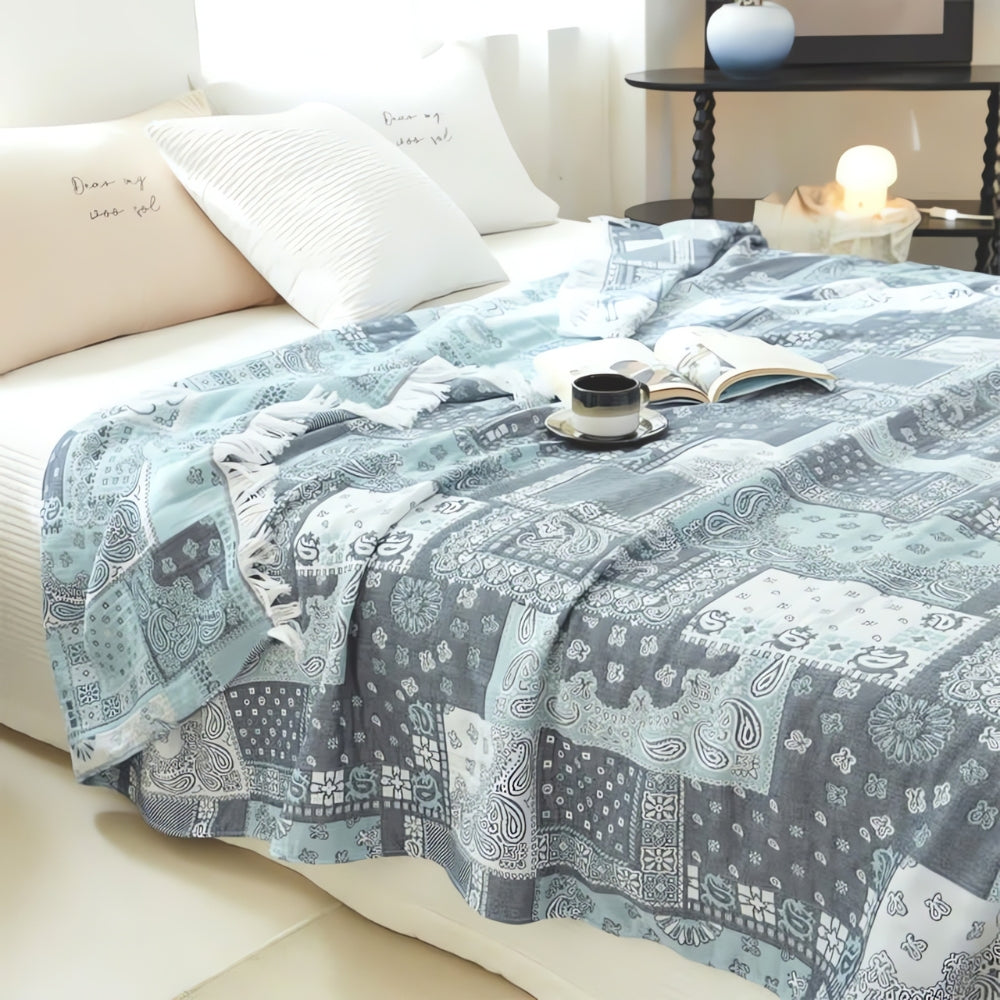 Mosaic Pattern Cotton Gauze Blanket Blue