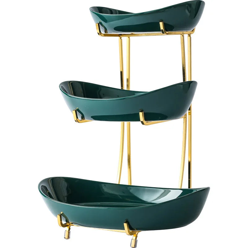 Ceramic Serving Bowls with Metal Stand Green 3-Tier