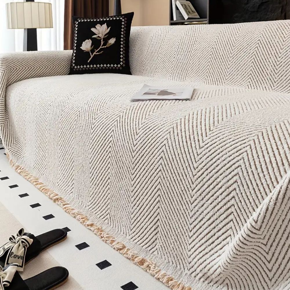Stripe Herringbone Sofa Cover Ivory Sand