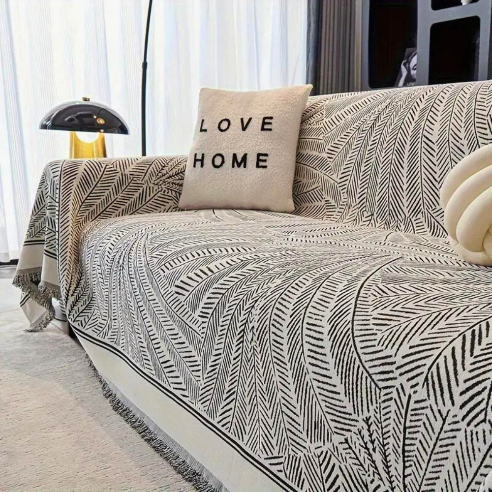 Leaf Pattern Luxury Sofa Cover Black