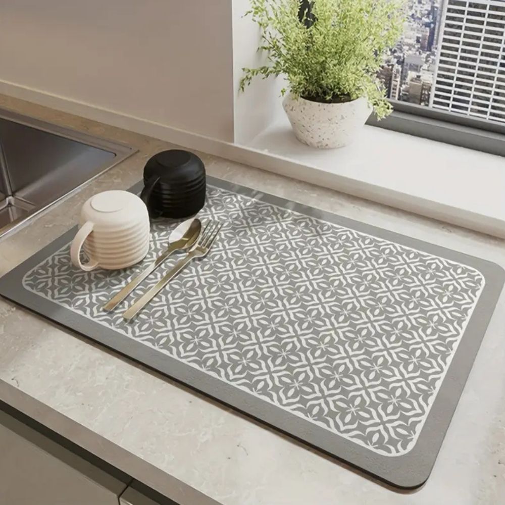 Mandala Kitchen Dish Drying Mat White