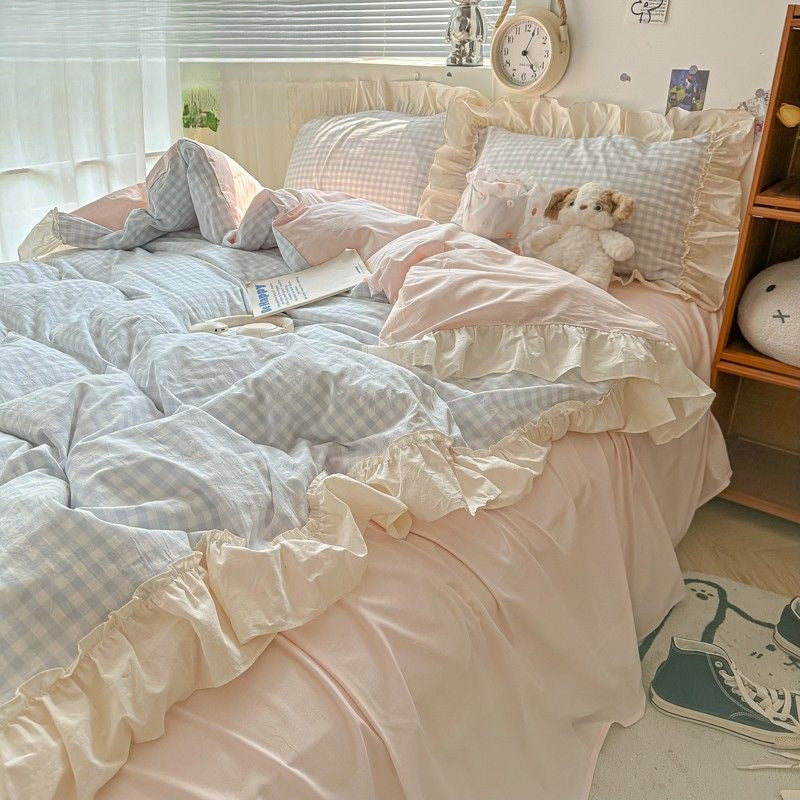 Ruffled Gingham Bedding Set 4PCS