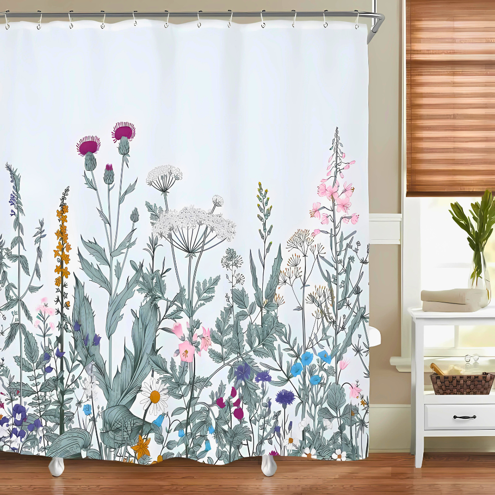 Pastoral Style Plants Waterproof Shower Curtain White & Gray Green 71"Wx71"L