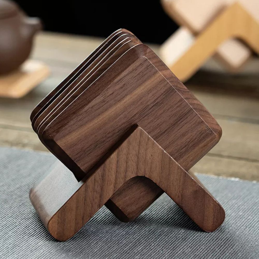 Sleek Stack Wooden Coaster Set | 6pcs Black Walnut