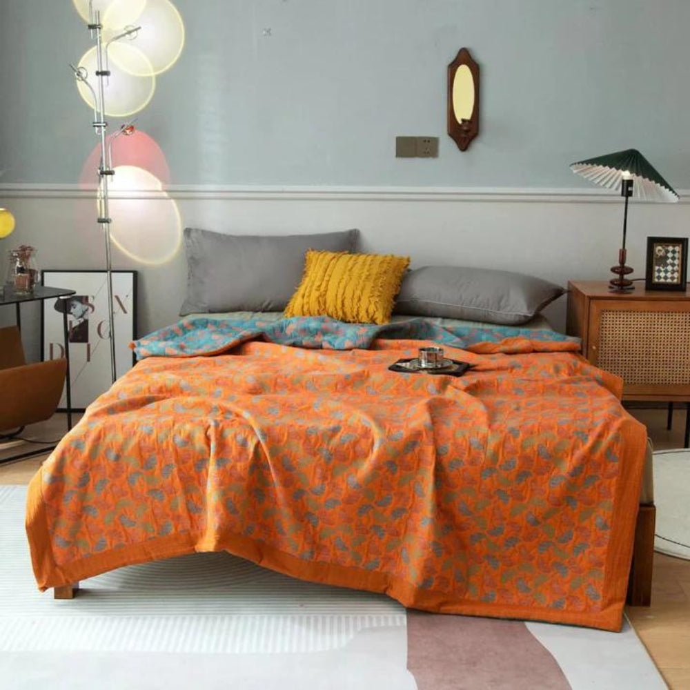 Ginkgo Leaf Print Reversible Blanket