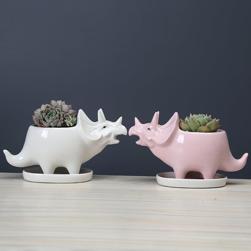 Adorable Dino Succulent Planter Pot with Drainage Tray Pink+White Set