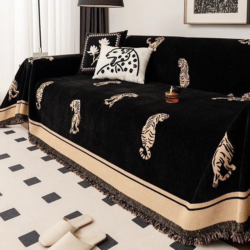 Savannah Tiger Chenille Sofa Cover Black