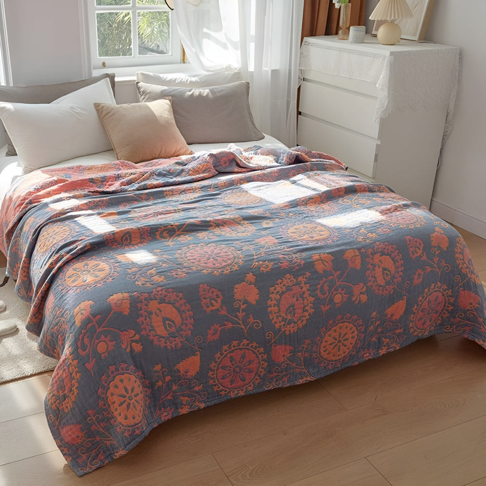 Rustic Floral Cotton Reversible Blanket Blue Red