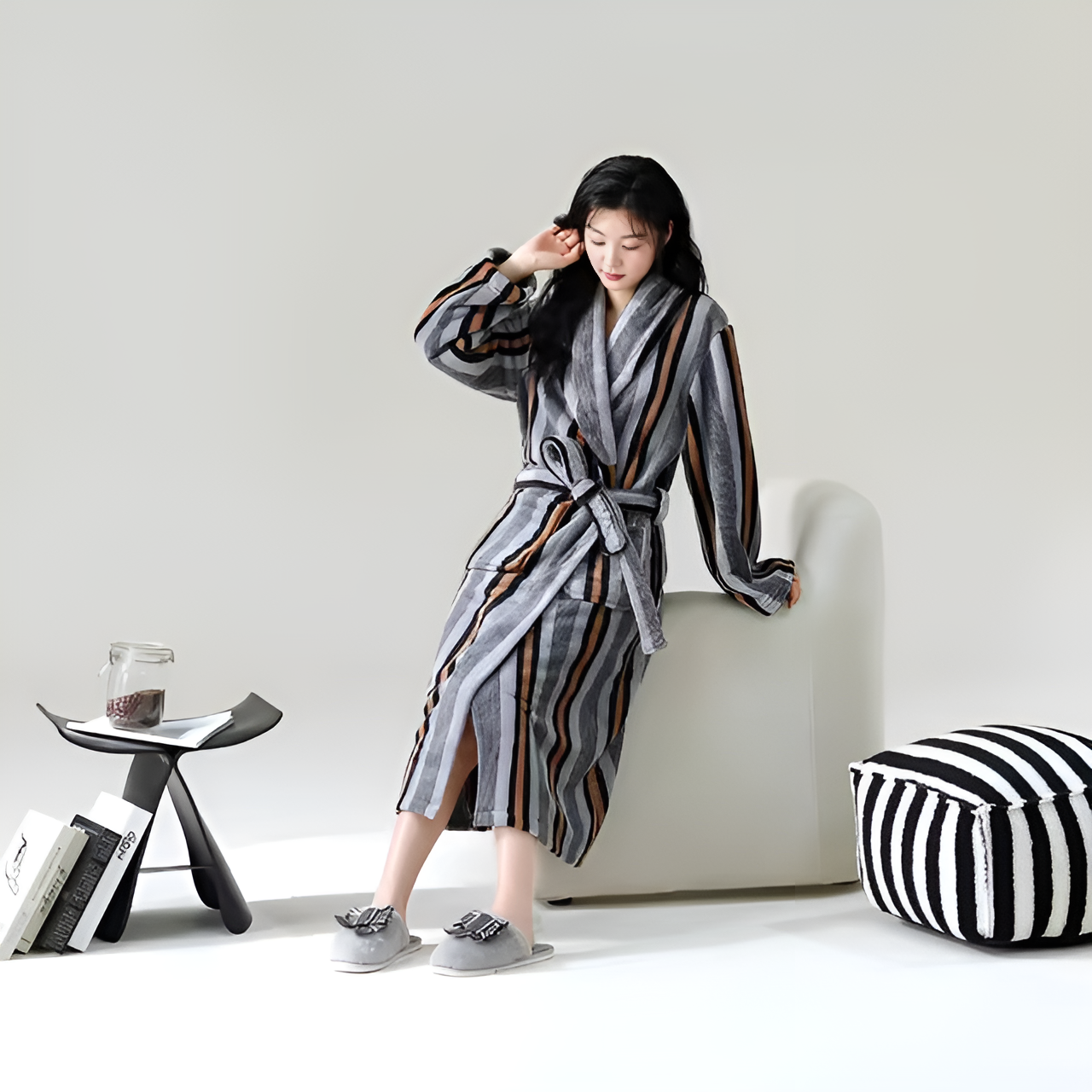 Fleece Haven Bathrobe Blue Gray Stripes One Size