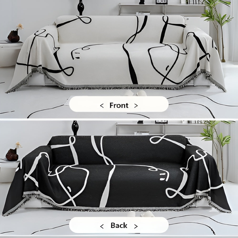 Abstract Line Reversible Chenille Sofa Cover Ebony Ivory