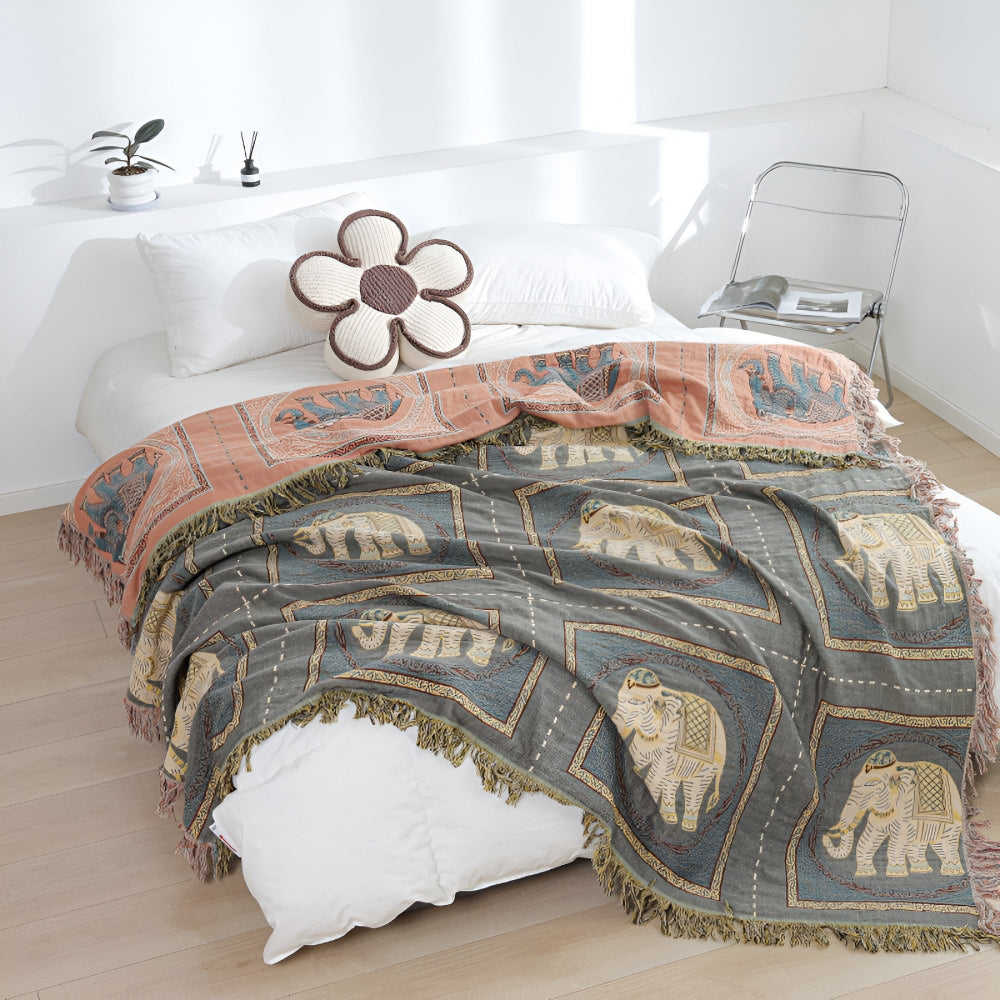 Bohemian Elephant Print Tassel Blanket Light Gray