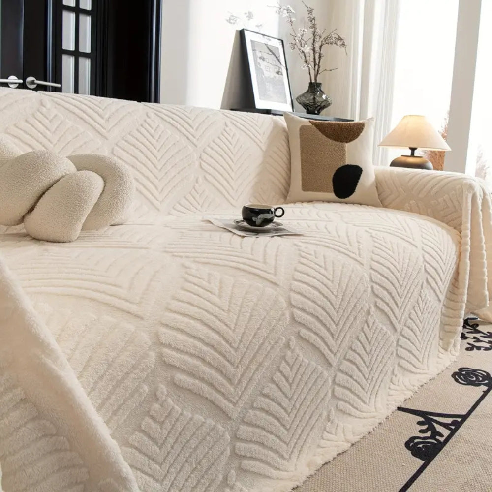 Herringbone Leaf Design Fleece Sofa Cover Beige
