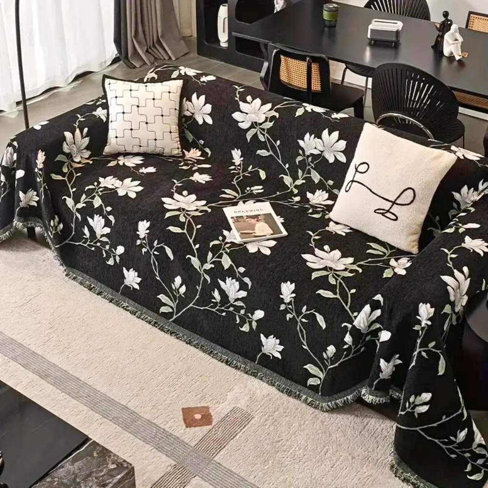 Vintage Floral Chenille Sofa Cover Black White