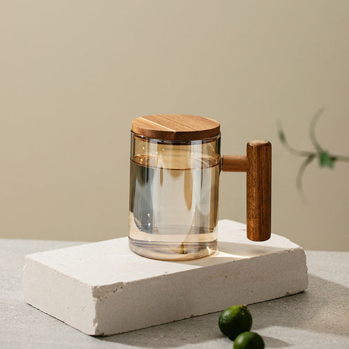 Borosilicate Glass Tea Cup - Wood Handle & Lid Brown 13.5oz