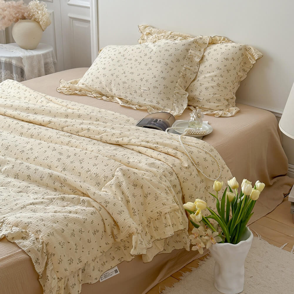 Olive Green Floral Muslin Quilt – Ruffle Edge Cotton Bedding