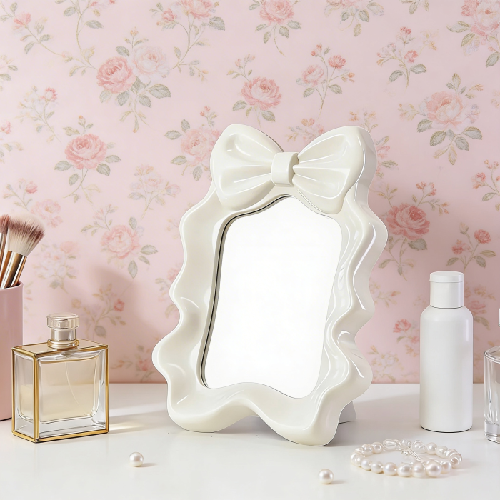 Aesthetic Bow Knot Makeup Mirror Beige