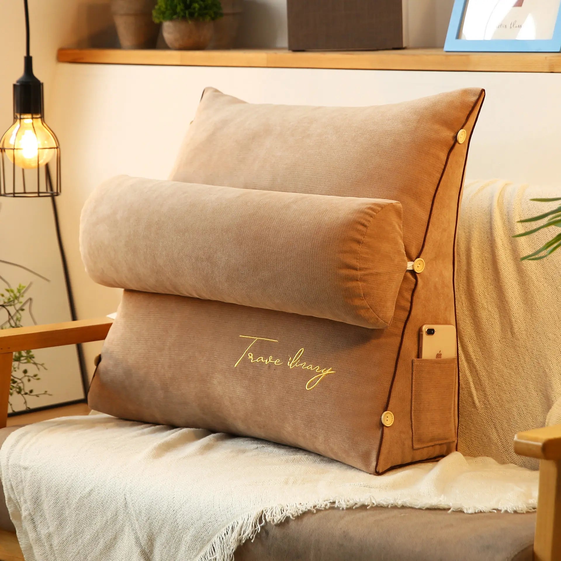 Reading Pillow with Adjustable Backrest Khaki 18"×18"