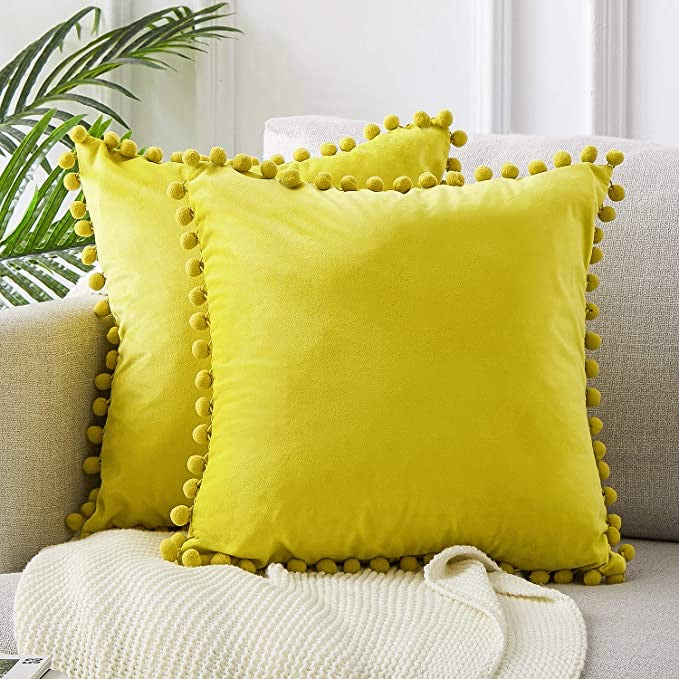 Velvet Pom Pom Cushion Covers 2 Pack Yellow