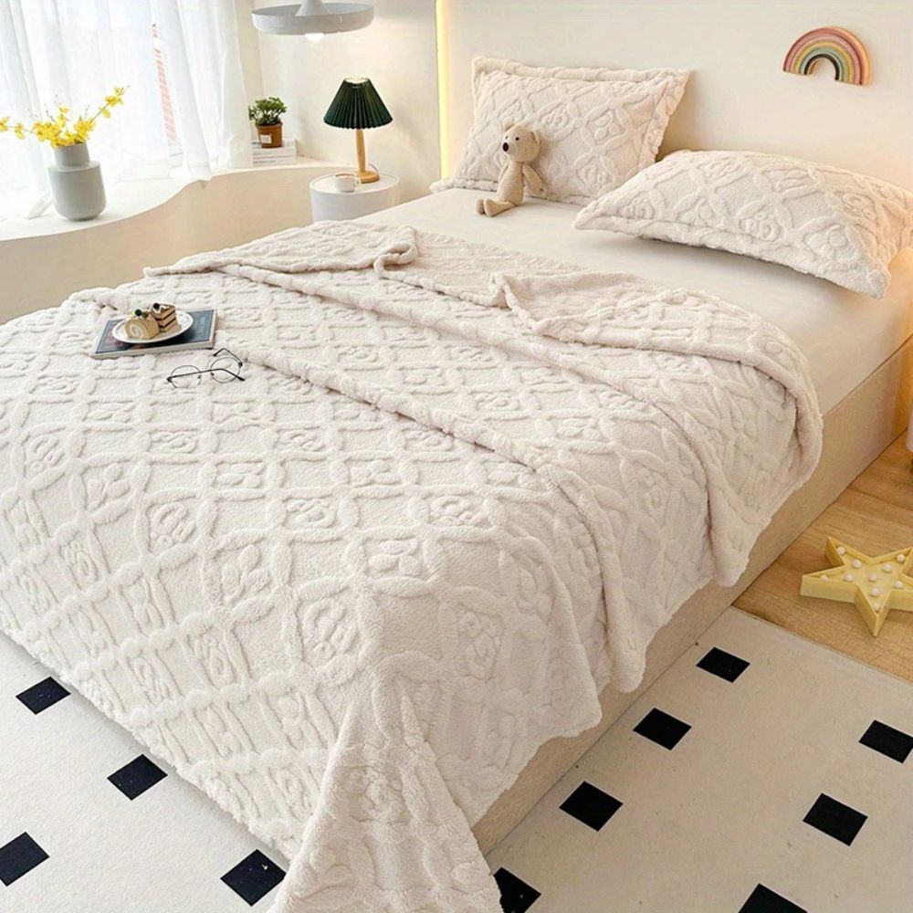 Leaf Embroidery Fleece Winter Blanket Vanilla Frost