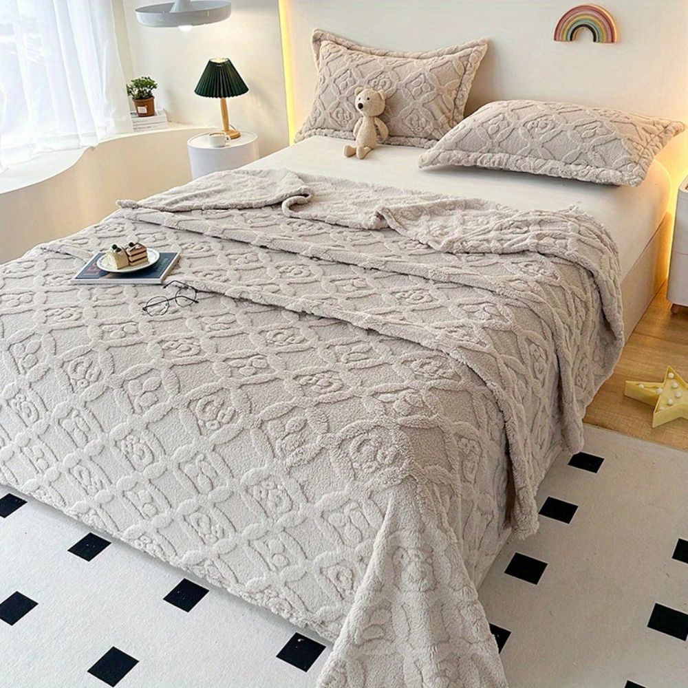 Leaf Embroidery Fleece Winter Blanket Oat Cream