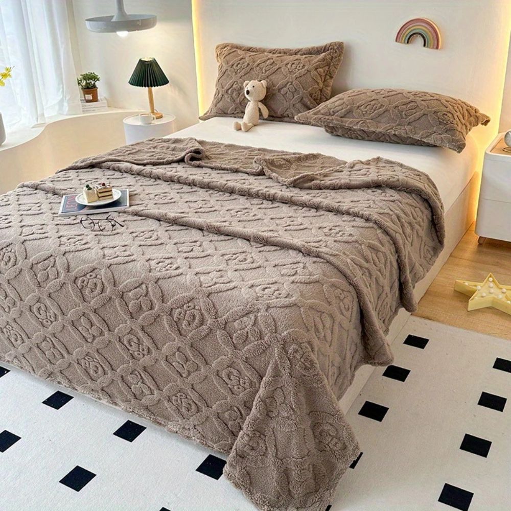 Leaf Embroidery Fleece Winter Blanket Mocha Beige